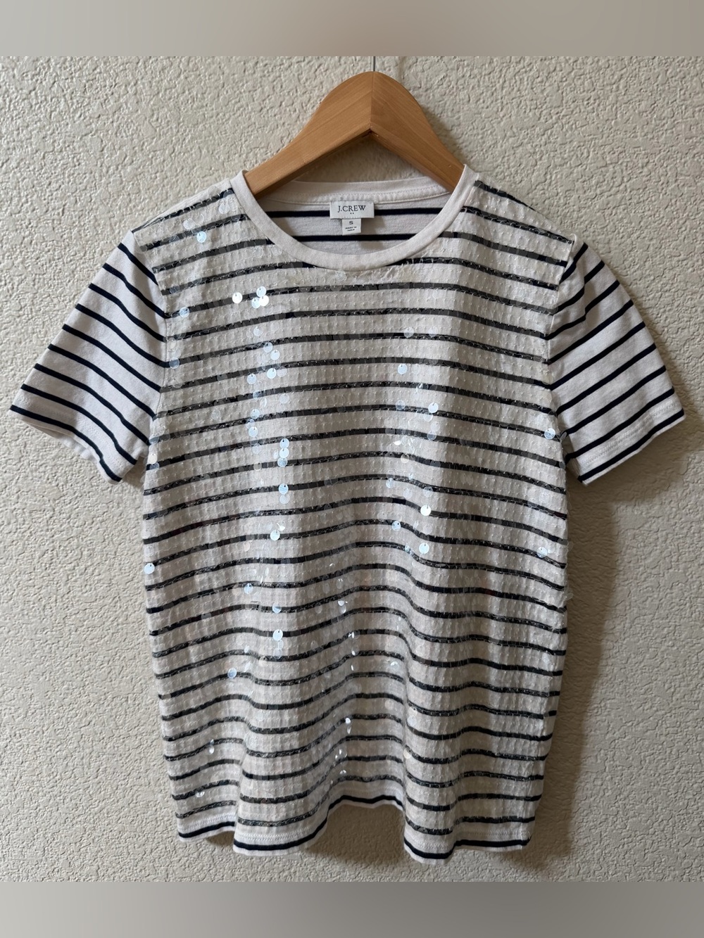 J.CREW Women’s Size Small Ivory Navy Stripe Paillette Sequin Embellished Tee